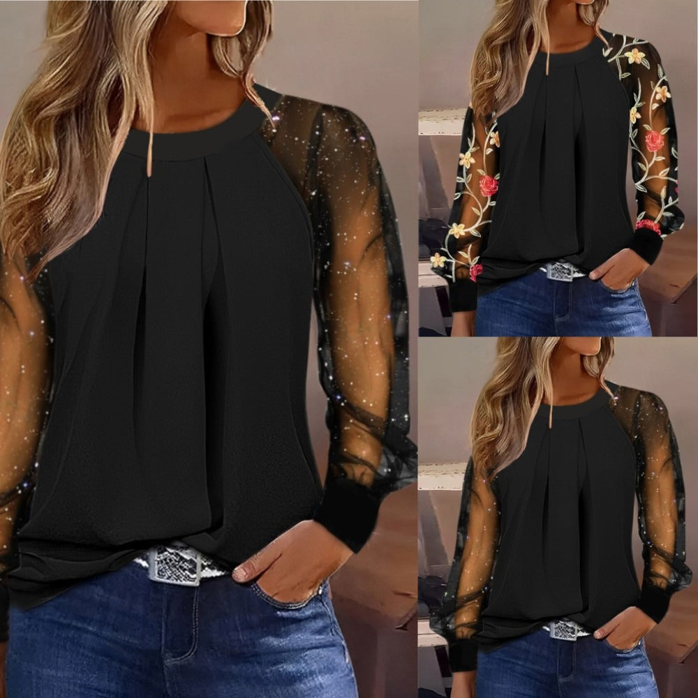 Women Spring Autumn Basic Casual Tops Flower Dot Print Puff Lace Long Sleeve Tops