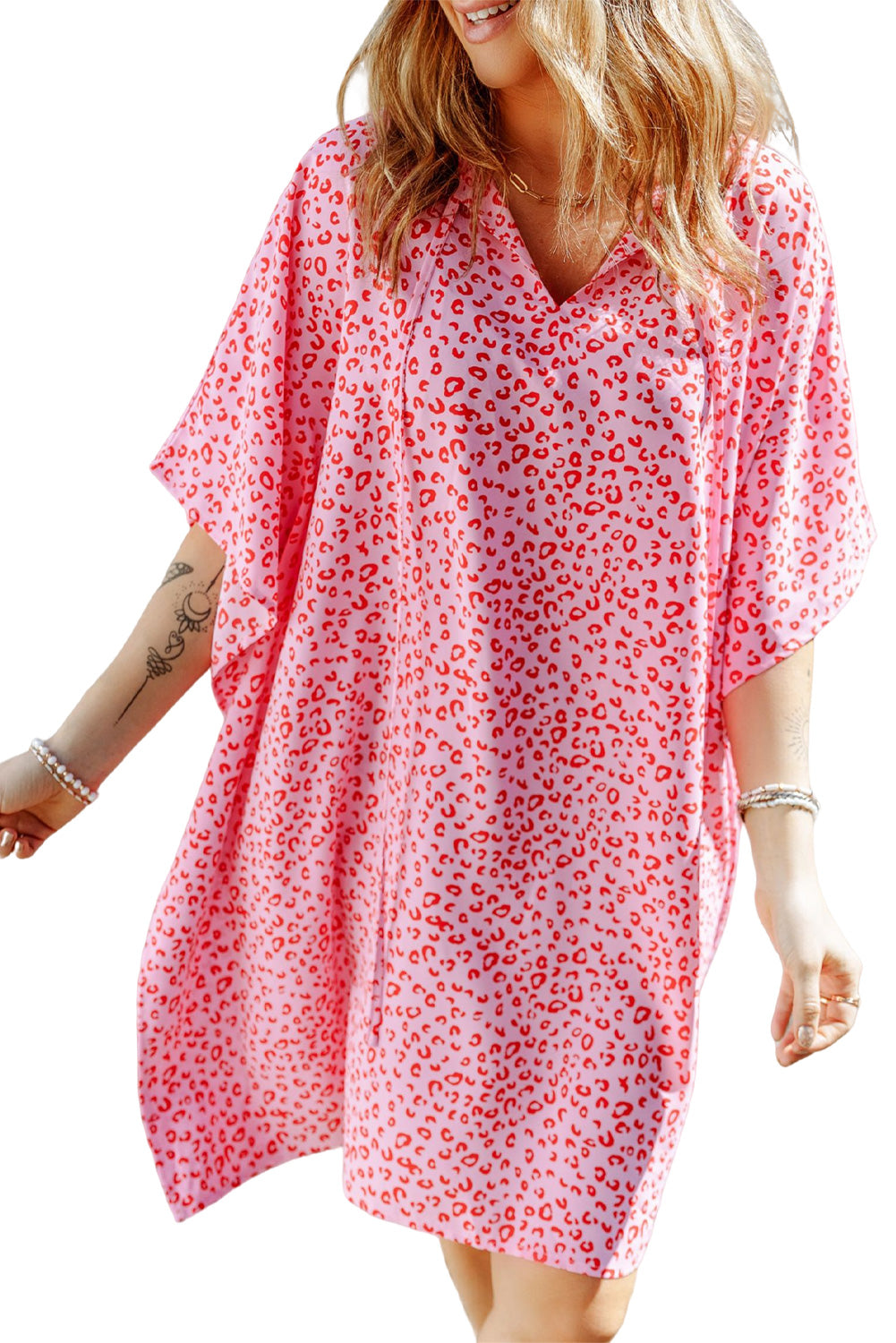 Khaki Animal Print Half Sleeve Shift Dress