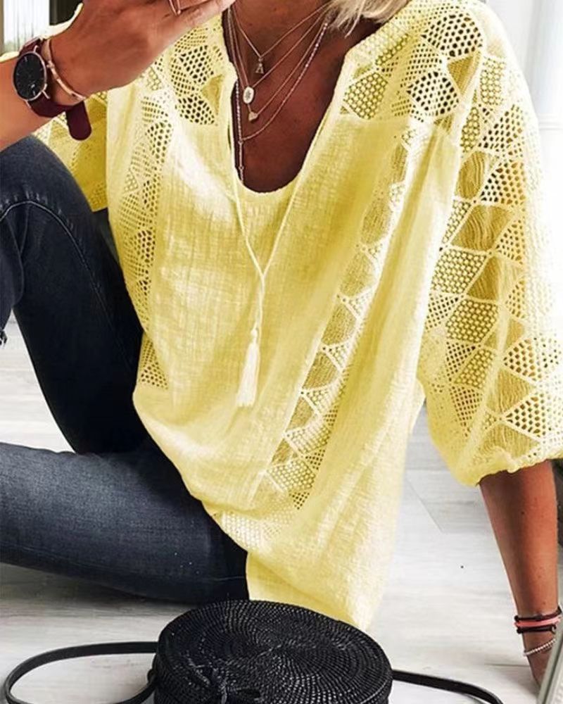 Lace Top Women's U-Neck 3/4 Sleeve Hollow Out Lace Patchwork T-Shirt
