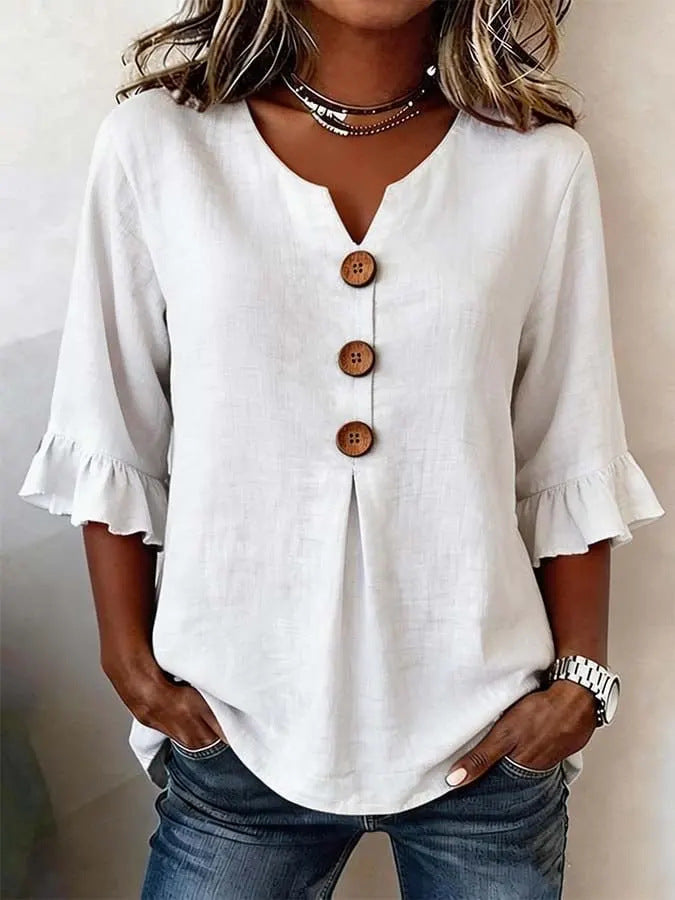 Linnen blouse "Céline" — V-hals met knoopsluiting