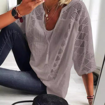 Lace Top Women's U-Neck 3/4 Sleeve Hollow Out Lace Patchwork  T-Shirt