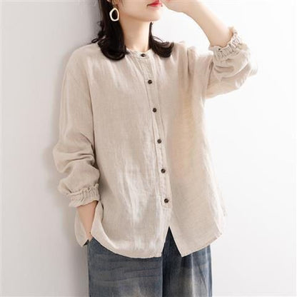 Vintage Literary Cotton Linen Shirt Women's Spring Casual Loose Fit Round Neck Blouse Jacket Cardigan Top
