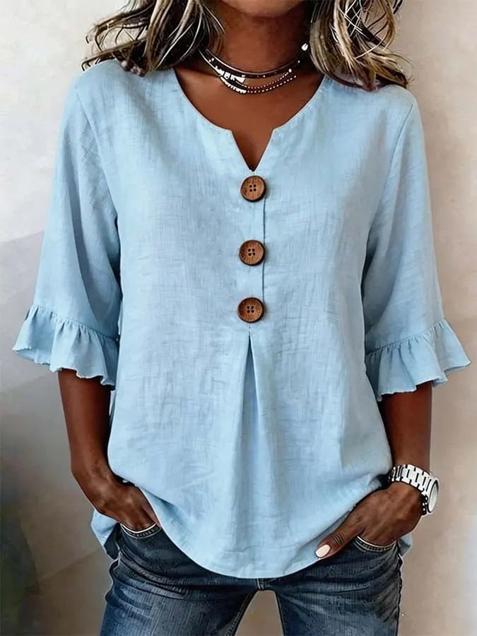Linnen blouse "Céline" — V-hals met knoopsluiting