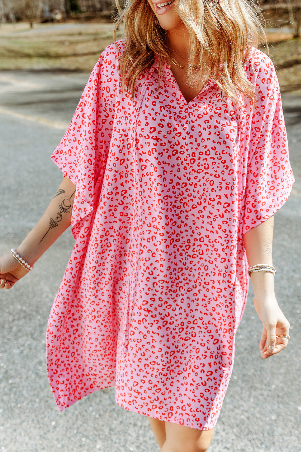 Khaki Animal Print Half Sleeve Shift Dress