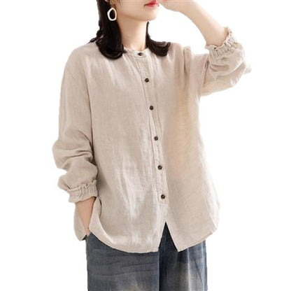 Vintage Literary Cotton Linen Shirt Women's Spring Casual Loose Fit Round Neck Blouse Jacket Cardigan Top