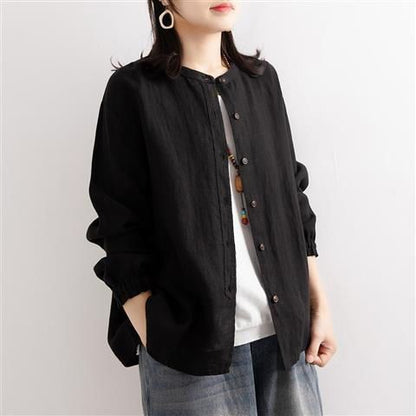 Vintage Literary Cotton Linen Shirt Women's Spring Casual Loose Fit Round Neck Blouse Jacket Cardigan Top