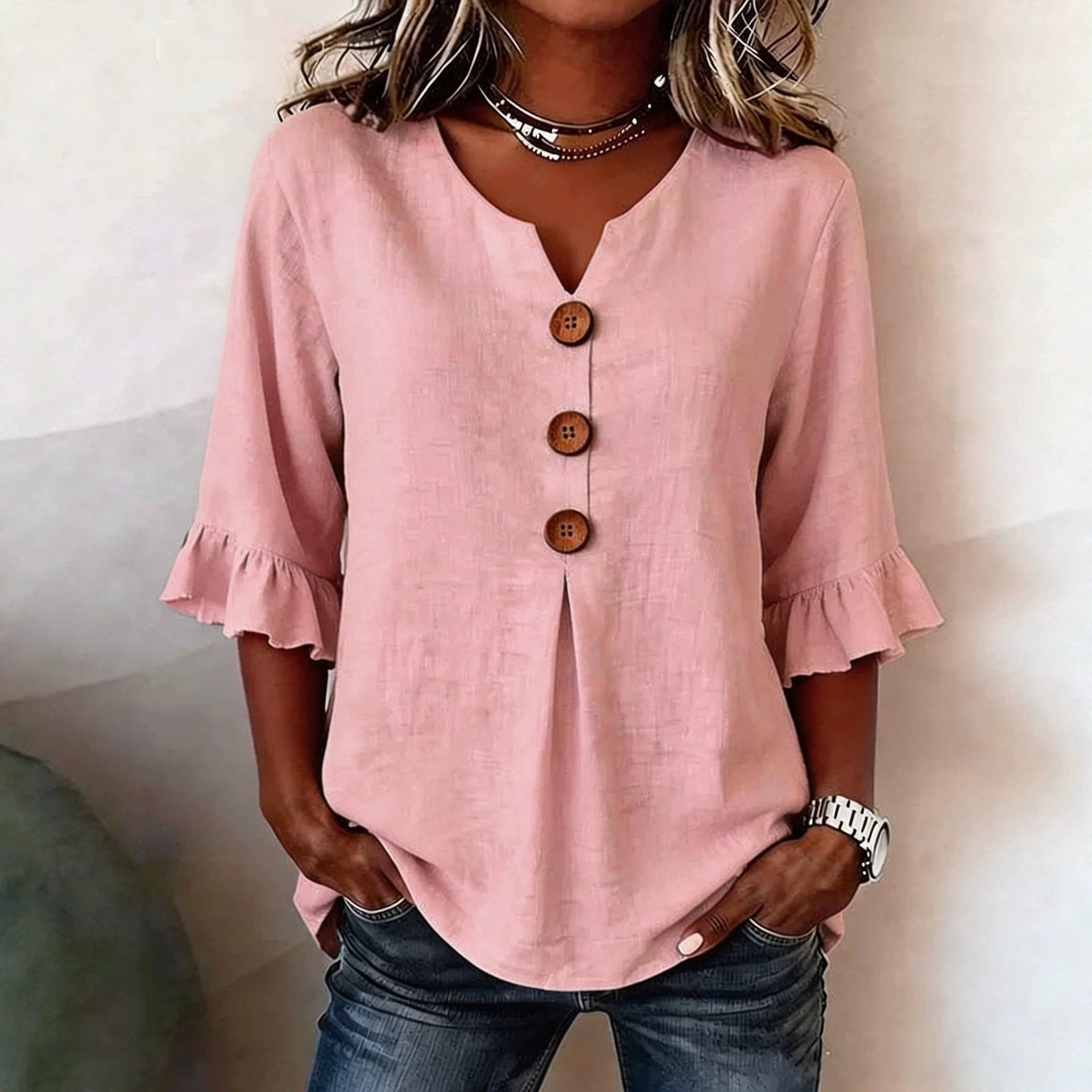Linnen blouse "Céline" — V-hals met knoopsluiting