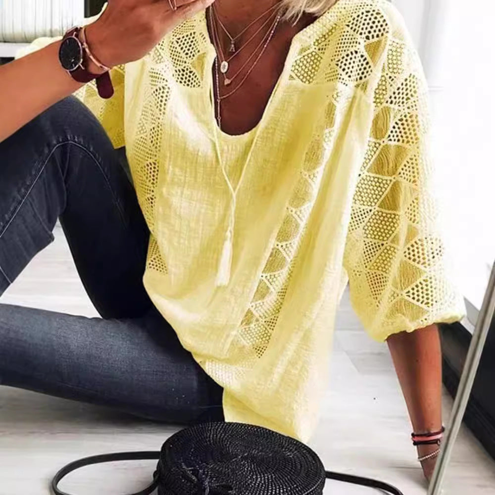 Lace Top Women's U-Neck 3/4 Sleeve Hollow Out Lace Patchwork  T-Shirt