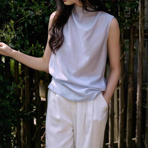 Elegant Two-Tone Drape Neck Sleeveless Top for Women, Summer Loose Fit, Lightweight and Stylish Blouse