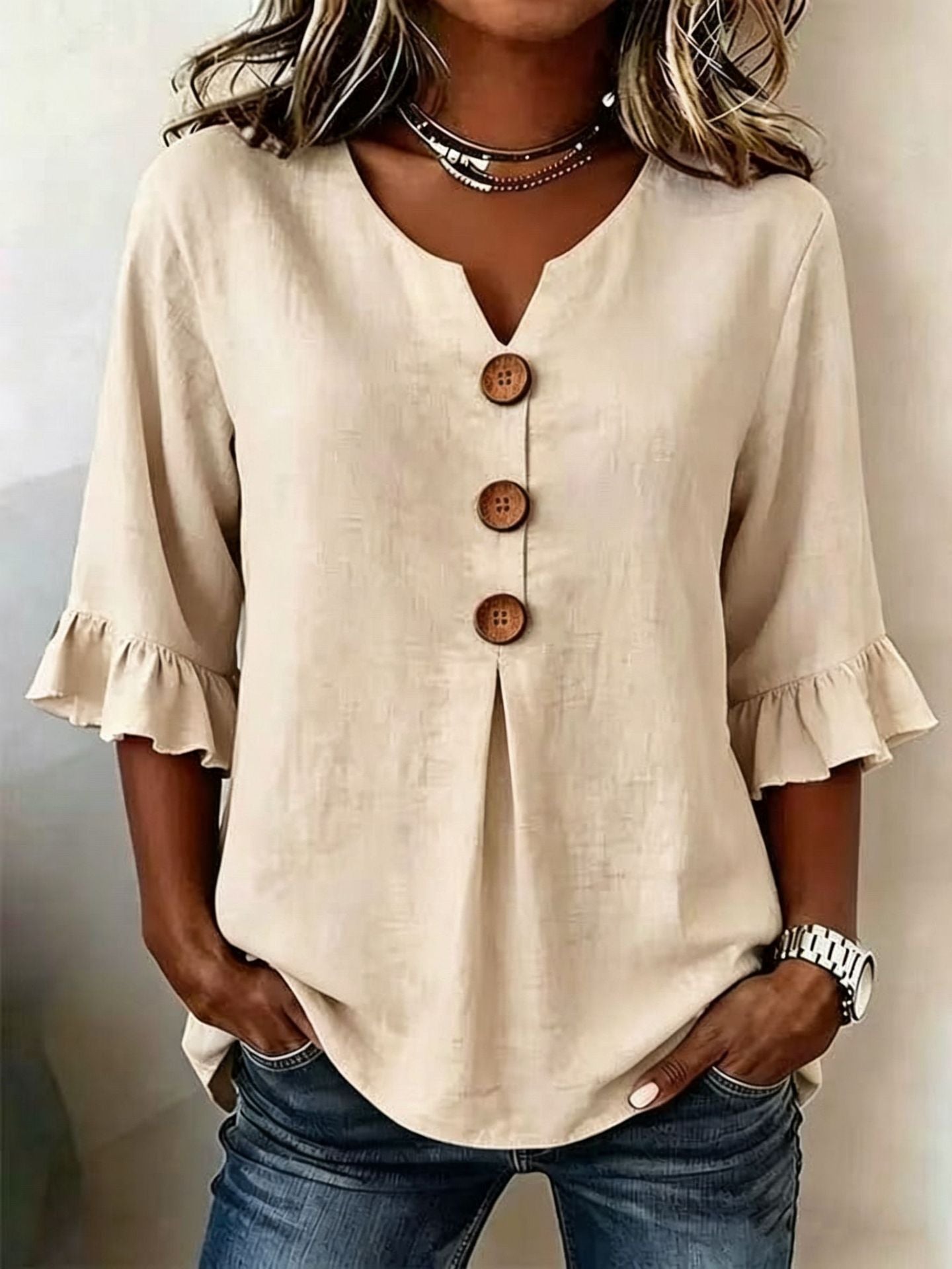 Linnen blouse "Céline" — V-hals met knoopsluiting