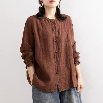 Vintage Literary Cotton Linen Shirt Women's Spring Casual Loose Fit Round Neck Blouse Jacket Cardigan Top