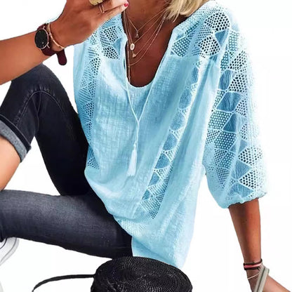 Lace Top Women's U-Neck 3/4 Sleeve Hollow Out Lace Patchwork  T-Shirt