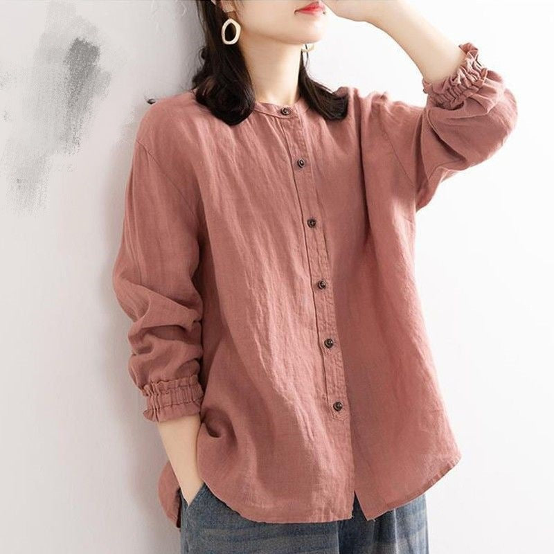 Vintage Literary Cotton Linen Shirt Women's Spring Casual Loose Fit Round Neck Blouse Jacket Cardigan Top