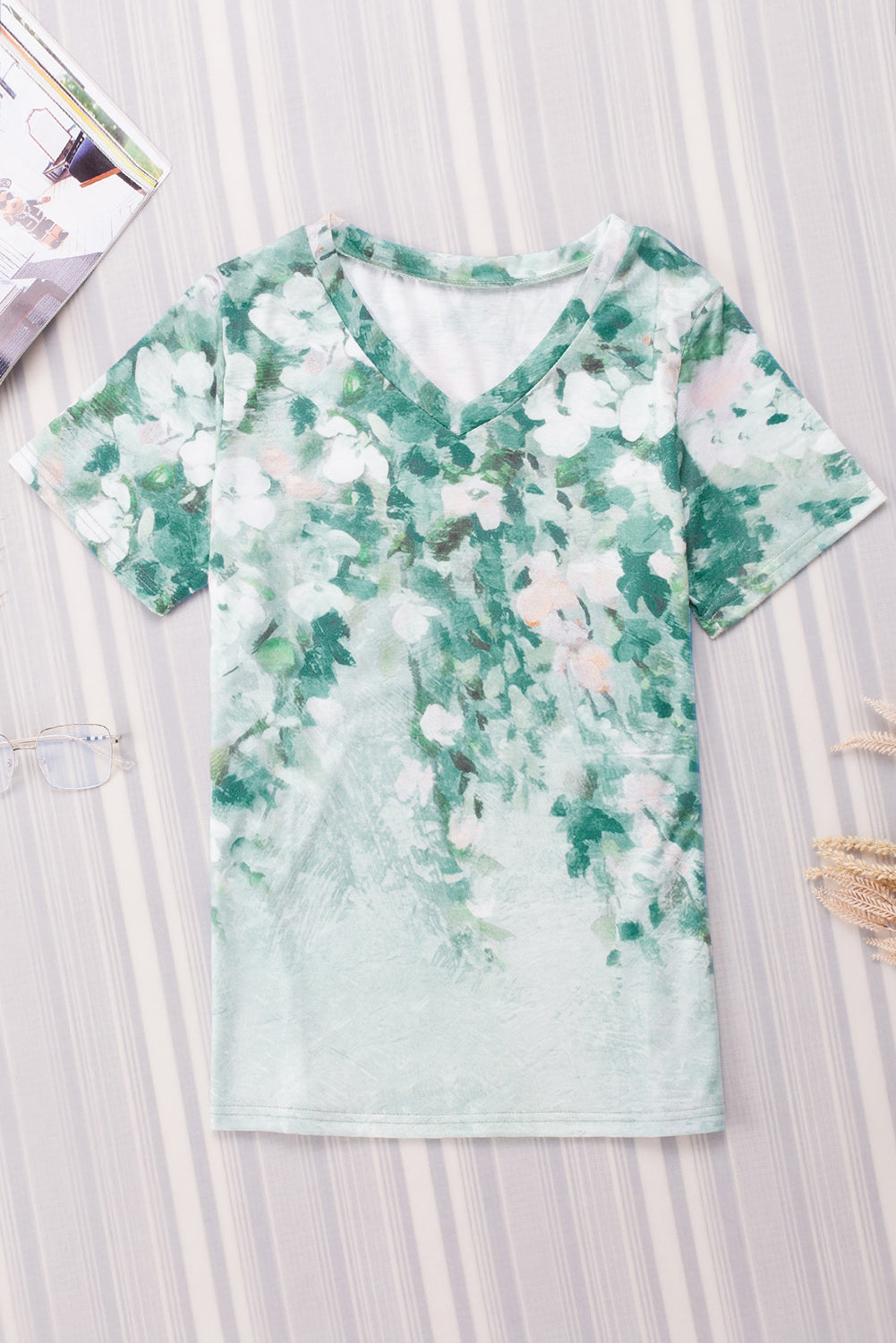 Green Floral Print Shift Fit V Neck T Shirt