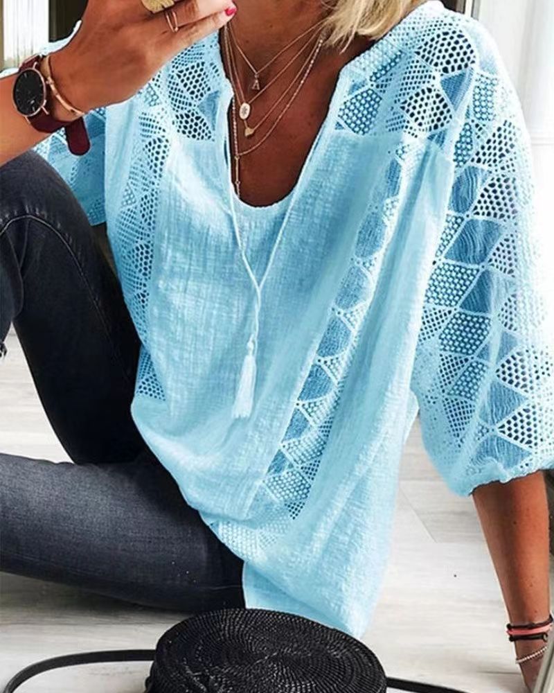 Lace Top Women's U-Neck 3/4 Sleeve Hollow Out Lace Patchwork  T-Shirt