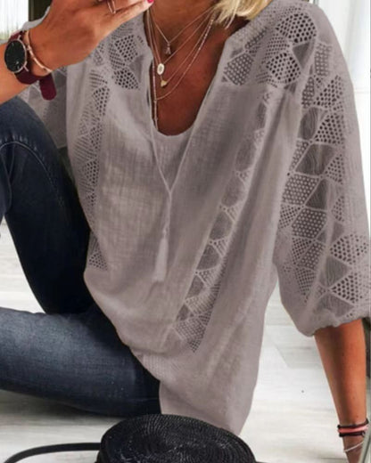 Lace Top Women's U-Neck 3/4 Sleeve Hollow Out Lace Patchwork  T-Shirt