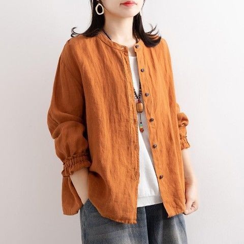 Vintage Literary Cotton Linen Shirt Women's Spring Casual Loose Fit Round Neck Blouse Jacket Cardigan Top