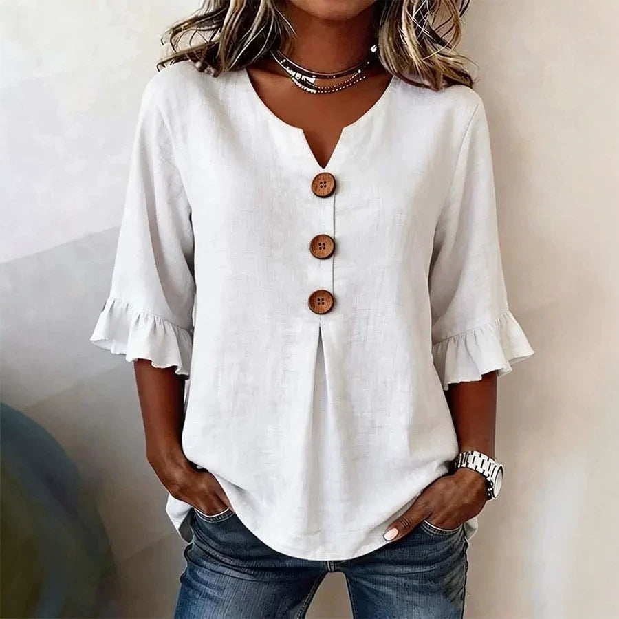 Linnen blouse "Céline" — V-hals met knoopsluiting