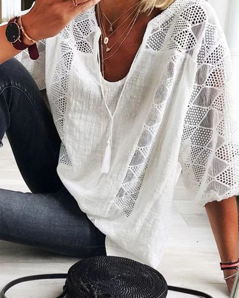 Lace Top Women's U-Neck 3/4 Sleeve Hollow Out Lace Patchwork  T-Shirt