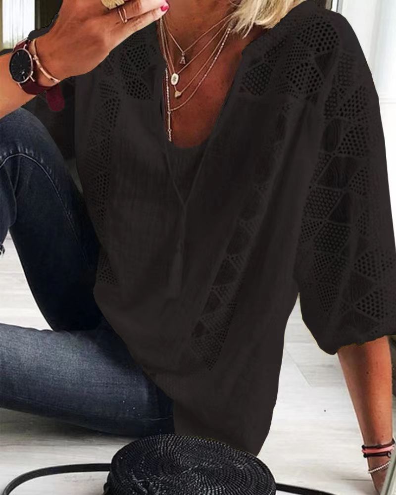 Lace Top Women's U-Neck 3/4 Sleeve Hollow Out Lace Patchwork  T-Shirt