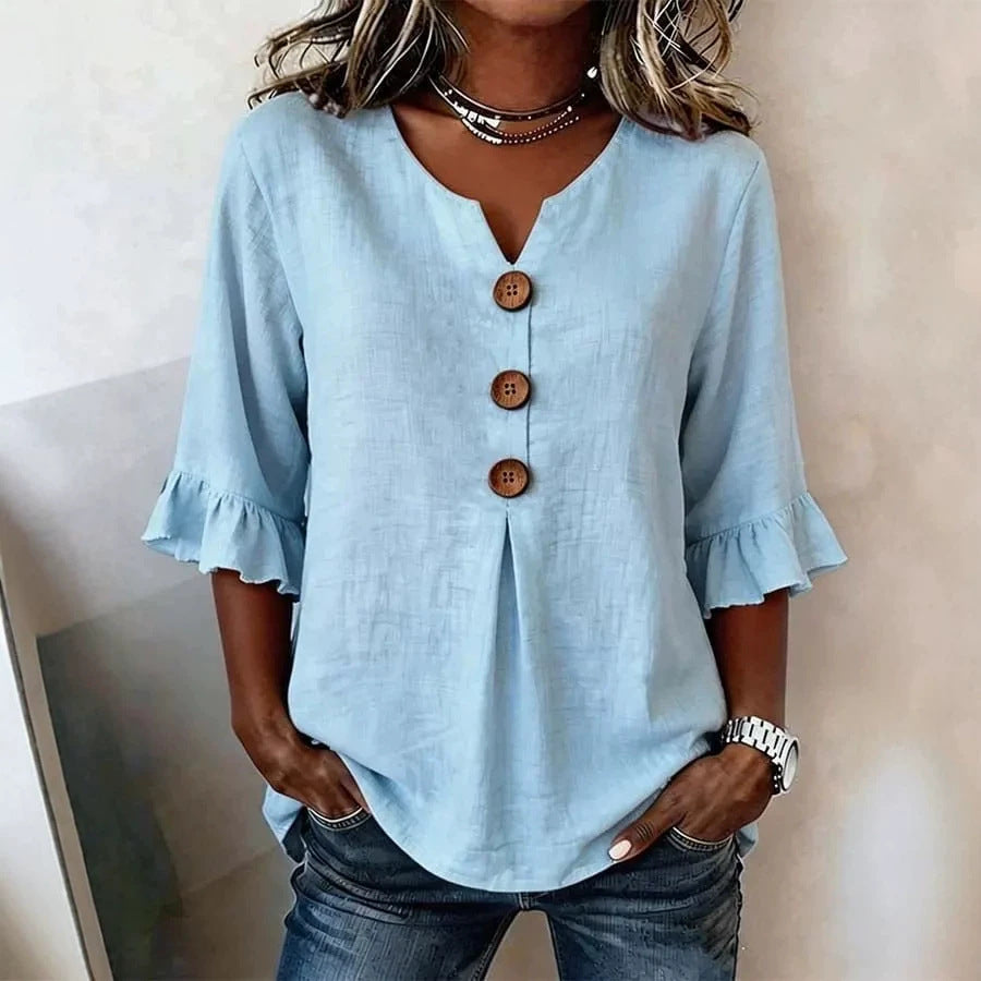 Linnen blouse "Céline" — V-hals met knoopsluiting