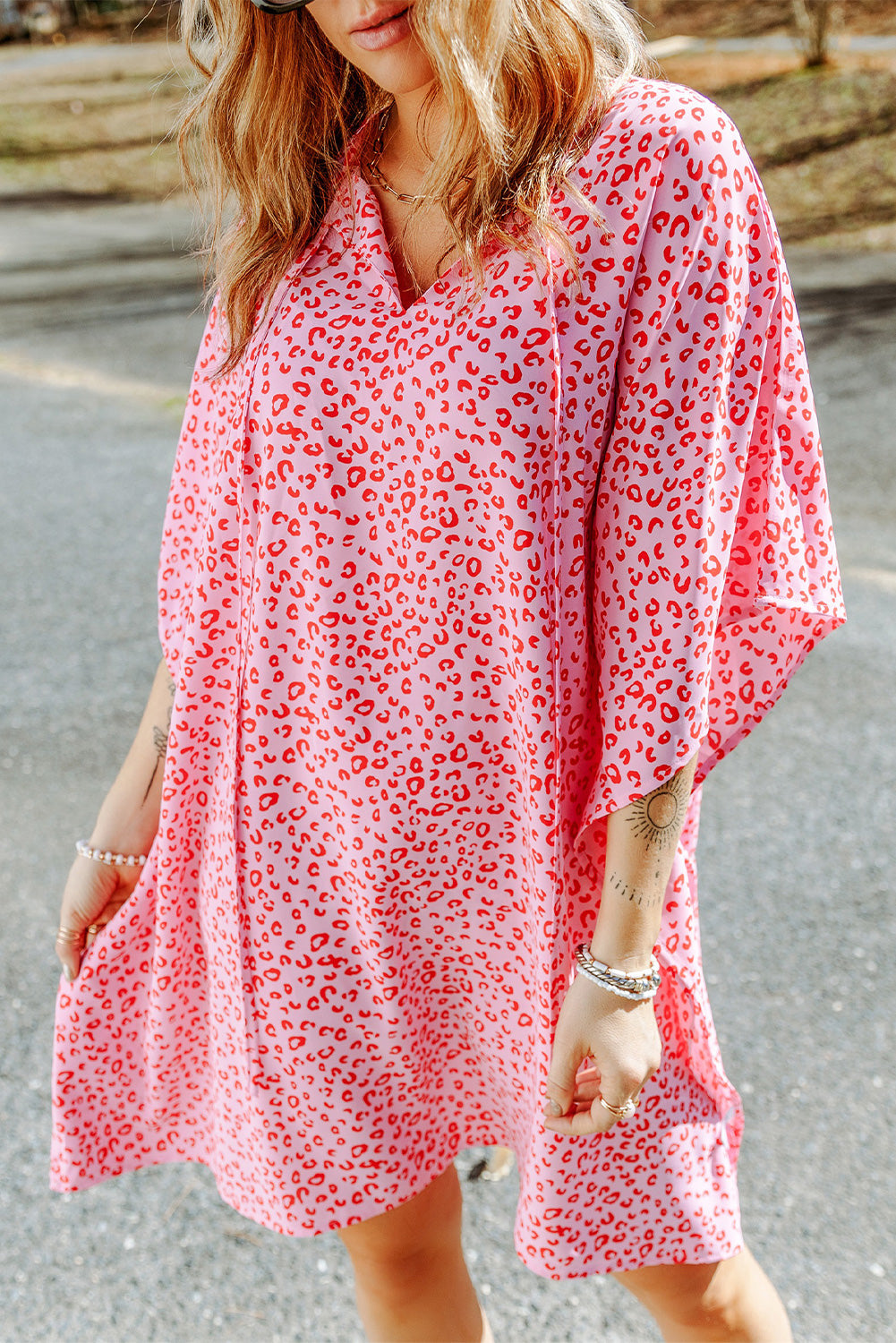 Khaki Animal Print Half Sleeve Shift Dress