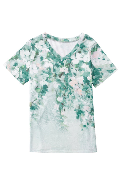 Green Floral Print Shift Fit V Neck T Shirt